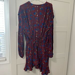 Free People Burgundy and Blue Floral Long Sleeve Dress